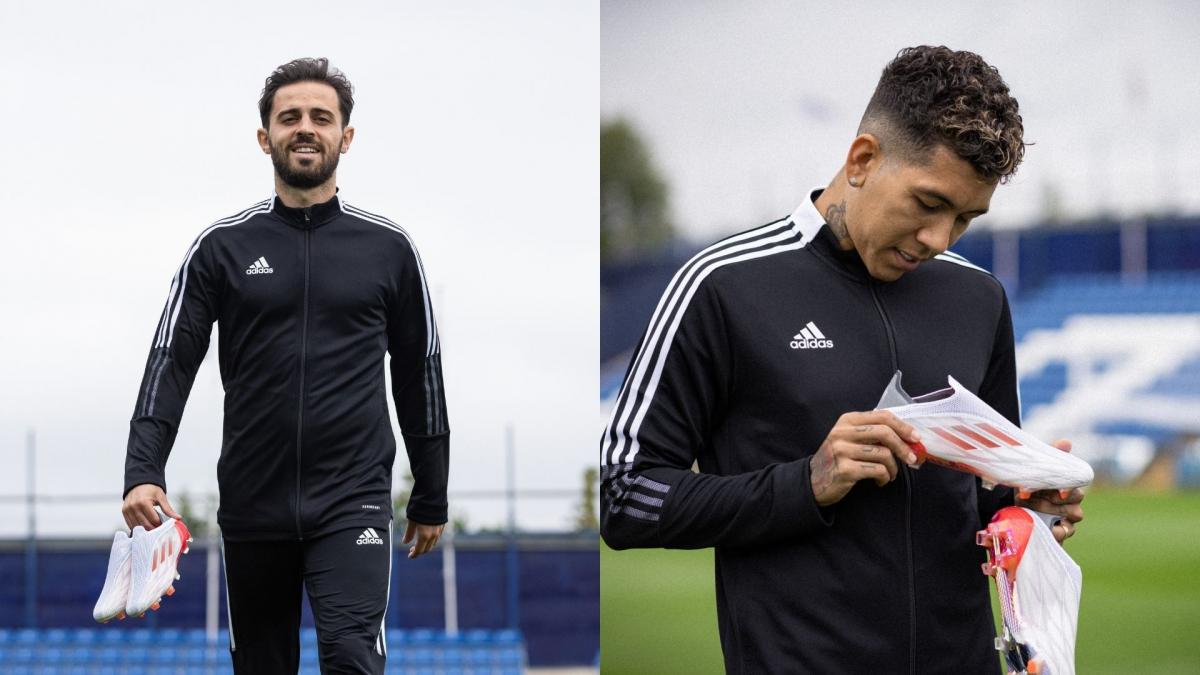 Bernardo Silva (Manchester City) et Bobby Firmino (Liverpool) tout sourire avec la nouvelle Speedflow d'adidas