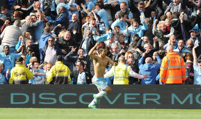 La joie de Sergio Agüero après le fameux but du titre de Manchester City en 2012