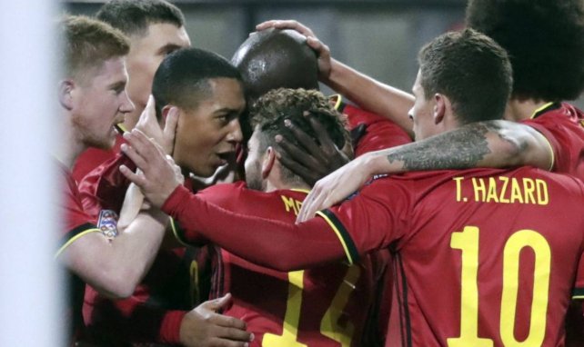 Les joueurs belges célèbrent un but