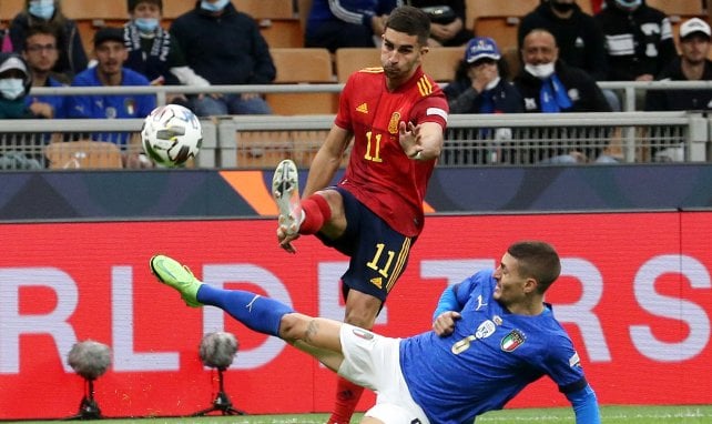 Ferran Torres et Marco Verratti lors de Italie - Espagne.