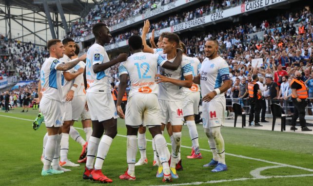 Les joueurs de l'OM célèbrent le but d'Harit contre Rennes