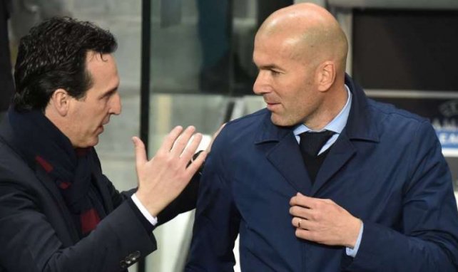 Zinedine Zidane et Unai Emery lors d'une rencontre entre le PSG et le Real Madrid en Ligue des Champ