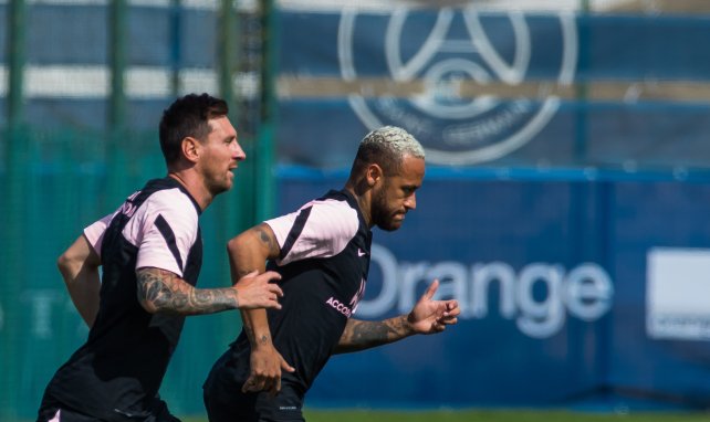 Lionel Messi et Neymar Jr lors de l'entraînement ouvert à la presse, le 13 août 2021.