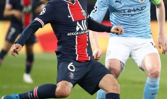 Marco Verratti et Kevin de Bruyne lors de la demi-finale aller de Ligue des champions